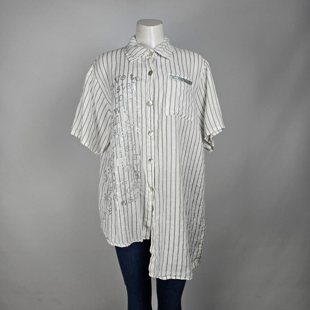 Elissia Linen White Pin Stripped Asymmetrical Button Up Blouse Size M